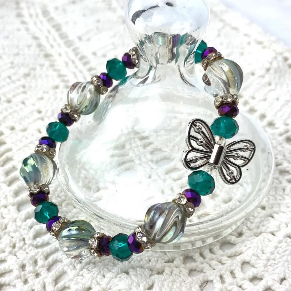 Butterfly Charm Stretch Bracelet Glass Resin Bead